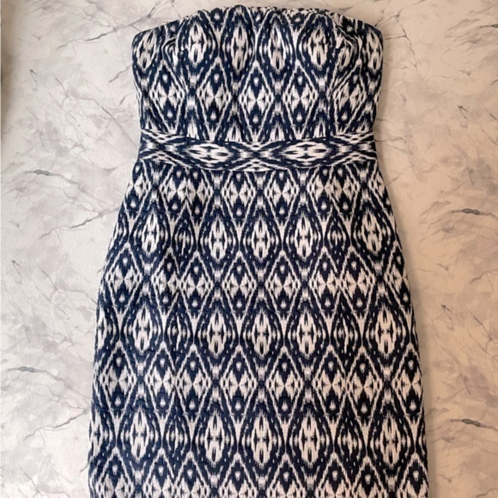 Banana Republic Navy and Cream Ikat Jacquard Knee Length Strapless Dress 10
